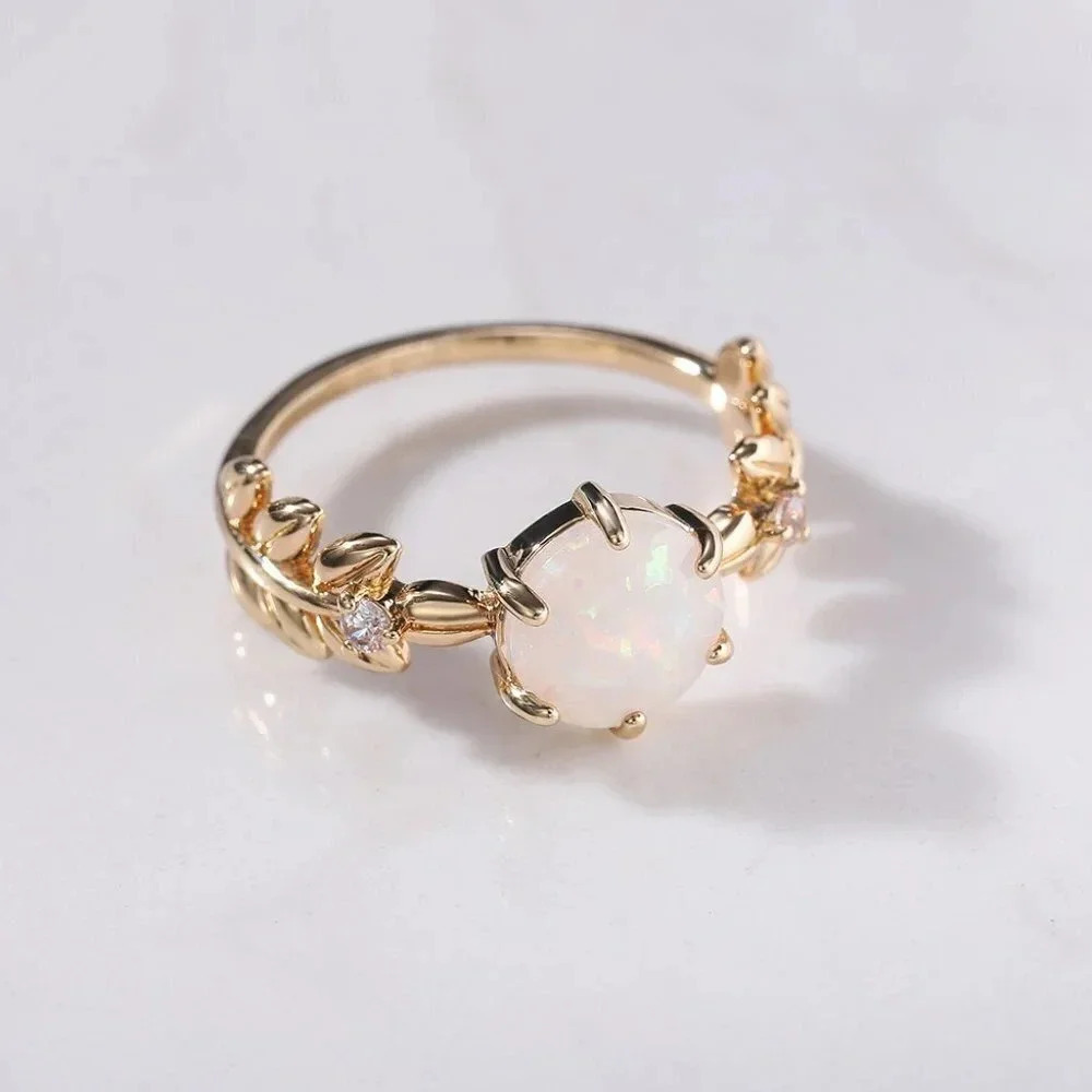 🌸 Dainty Opal CZ Gold Plated Beautiful Fashion Leaf Trendy Ring UNVN12038 - Picture 4 of 5